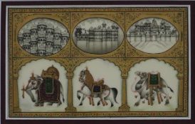 Indische Miniaturmalerei - 20.Jh., feine Malerei auf rechteckiger Platte, jeweils drei Darstellunge