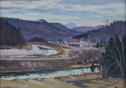 Schmid, Georg (19./20.Jh.) - Allgäuer Flusstal mit Wassermühle, 1926, Mischtechnik auf Papier, unte