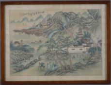 Seidenmalerei - China, Gebirgs- und Flusslandschaft mit Figurenstaffage, Tusche und Gouache auf Sei