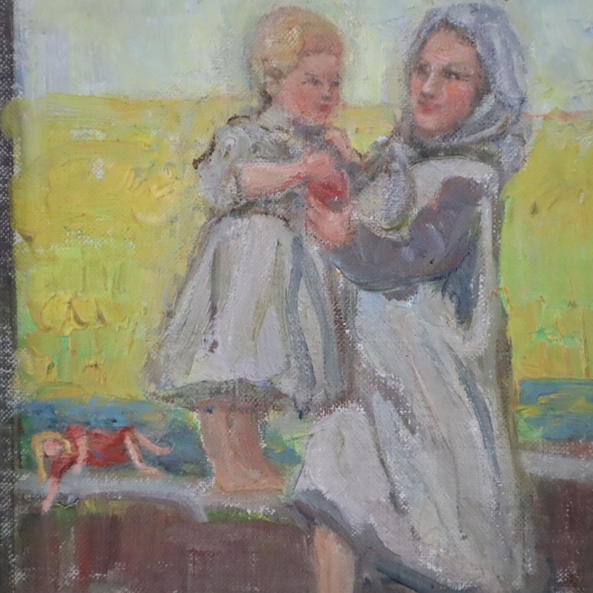 Ewald, Reinhold (1890 - Hanau - 1974) - Junge Bäuerin mit Tochter spielend, Öl/Leinwand auf Holzpla - Bild 4 aus 7
