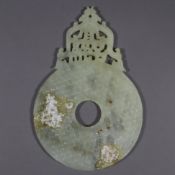 Bi-Scheibe- China, Bi-Scheibe aus seladonfarbener Jade, beidseitig mit Reiskornmuster reliefiert, h