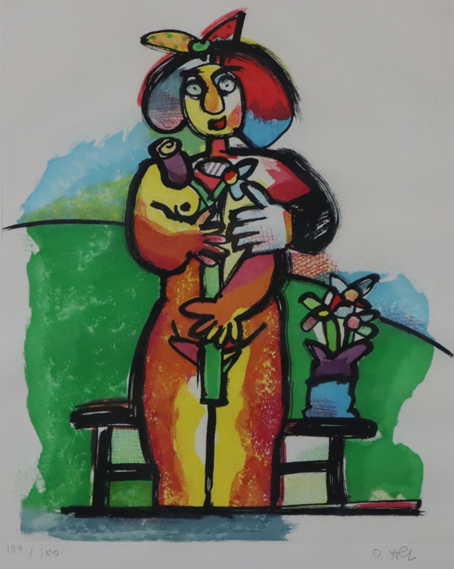 Alt, Otmar (*1940 Wernigerode) - Mädchen mit Blumen, Farbradierung, unten rechts in Blei signiert, 