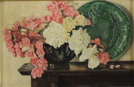 Unbekannte/r Künstler/in-nach 1900 - Stillleben mit Blüten in Vase und Keramikschale auf einer Anri