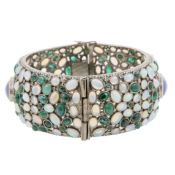 Juwelenbesetzte Armspange - breiter Silberreif rundum besetzt mit Smaragden, Opalen, Diamanten und 