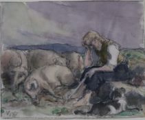 Happ, Jakob (1861 - Frankfurt/M.- 1936) - Schweinehirt, Aquarell und Kohlestift auf Papier, links u