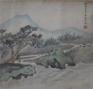 Kleines chinesisches Rollbild - Steinfelsen am Wasserlauf, Tusche und leichte Farben auf Papier, si