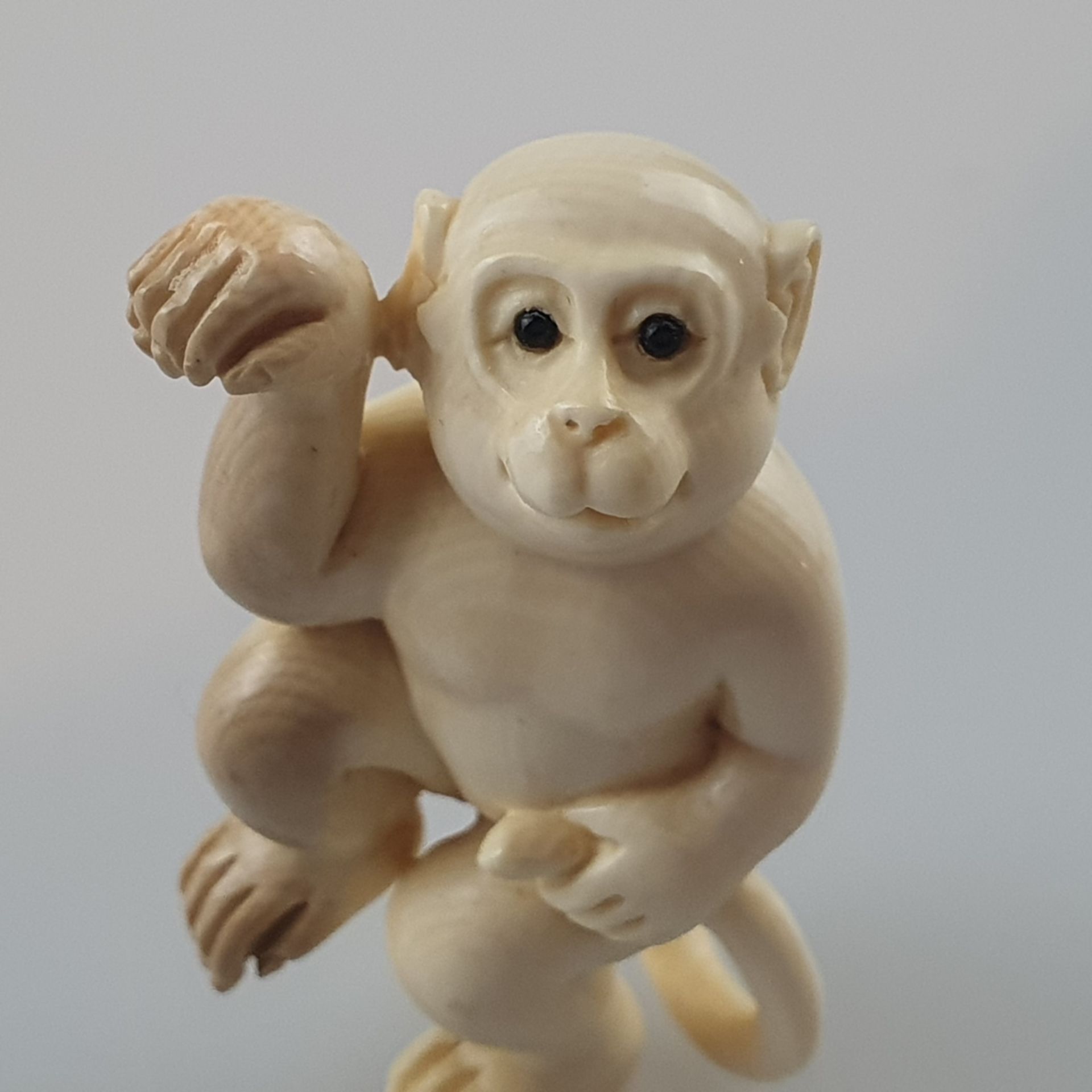 Katabori-Netsuke - Tanzender Affe, feine Elfenbein-Schnitzarbeit, dunkel eingelegte Augen, untersei - Bild 2 aus 6