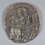 Ovales Bronzerelief -20.Jh.- dunkel patiniert, mit Darstellung der Hl. Familie, ca.15,7 x 14 cm, Ge