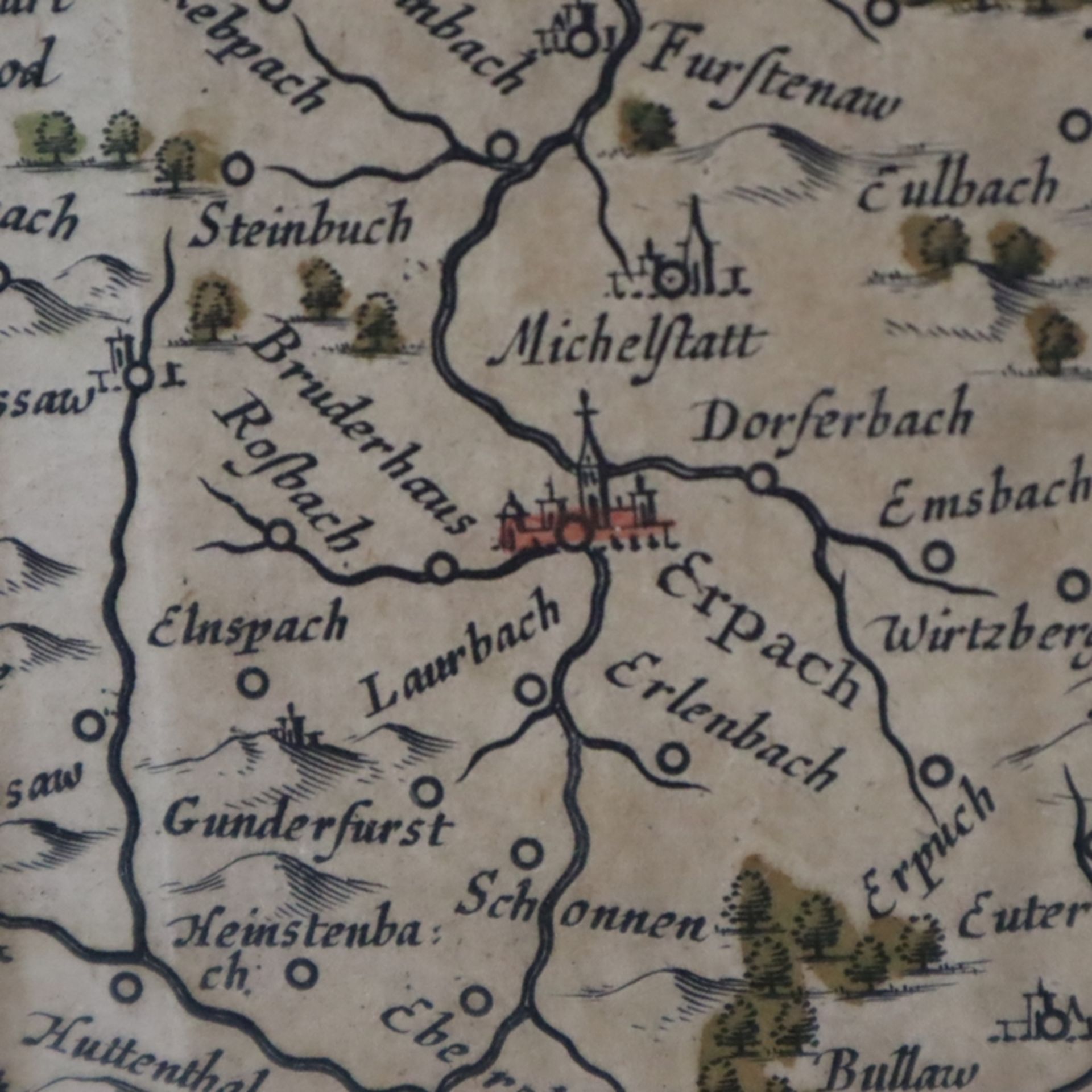 Landkarte von Erbach - "Erpach comitatu", altkolorierte Kupferstichkarte mit Wappen, Windrose und T - Bild 7 aus 8