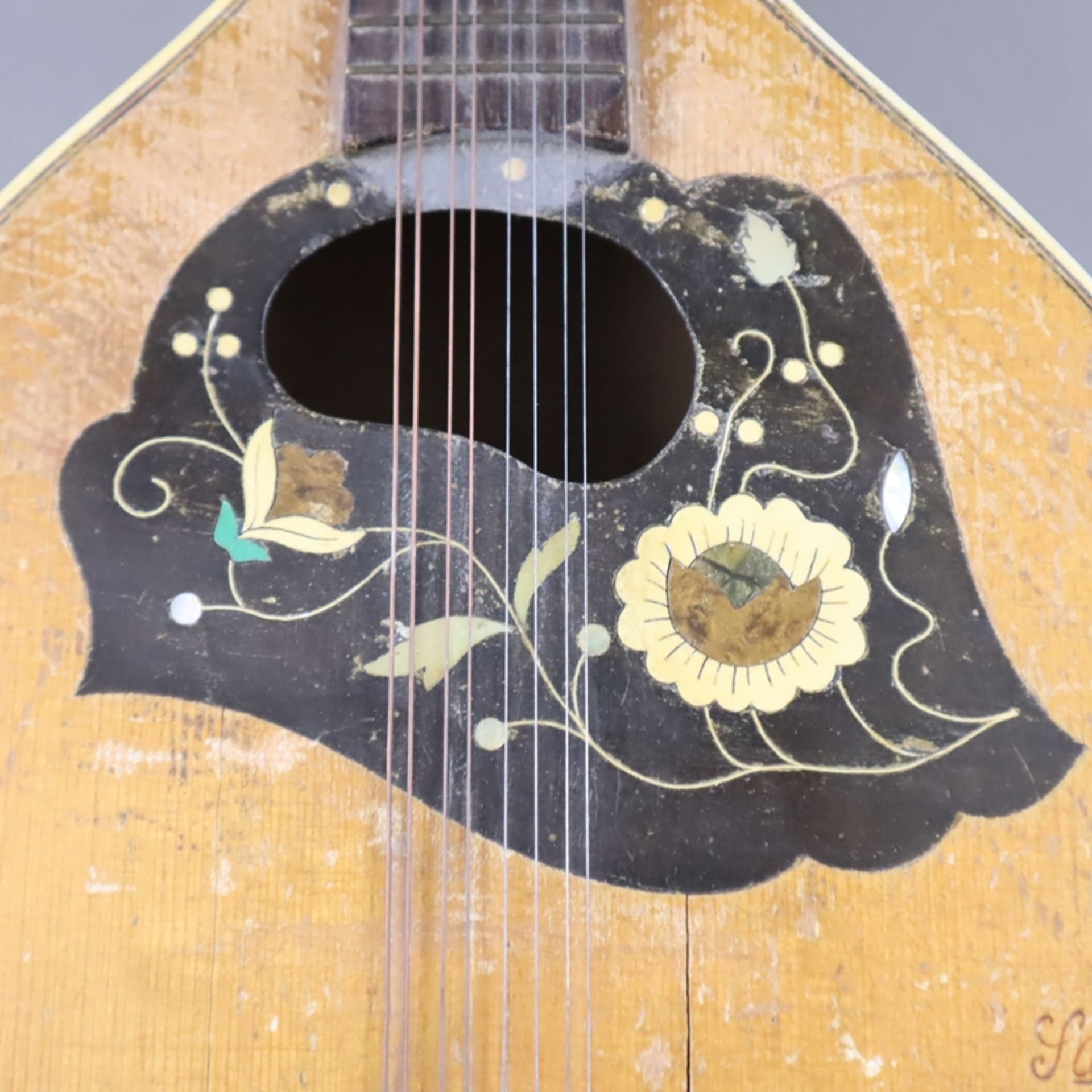 Zwei Mandolinen / Waldzither - deutsch, 1x gestempelt "Sampo", Schallloch mit floral intarsierter E - Bild 5 aus 9