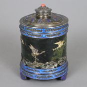 Deckeldose - China 20.Jh., Silber/Jade/Email, auf drei Füßen Zylinderform mit Stülpdeckel, Wandung 