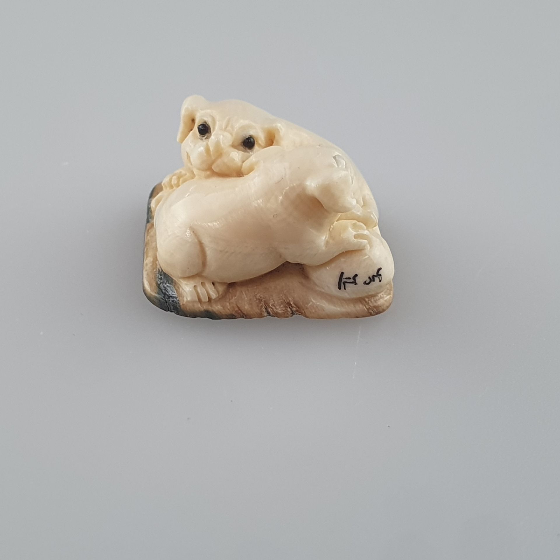 Netsuke - Zwei Hundewelpen mit Ball, Mammutbein, geschnitzt, dunkel eingelegte Augen, signiert - Image 2 of 6