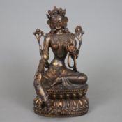 Shyama-Tara / grüne Tara - tibetochinesisch, 20.Jh., Metallguss, bronziert, mit Goldlackfassung, vo
