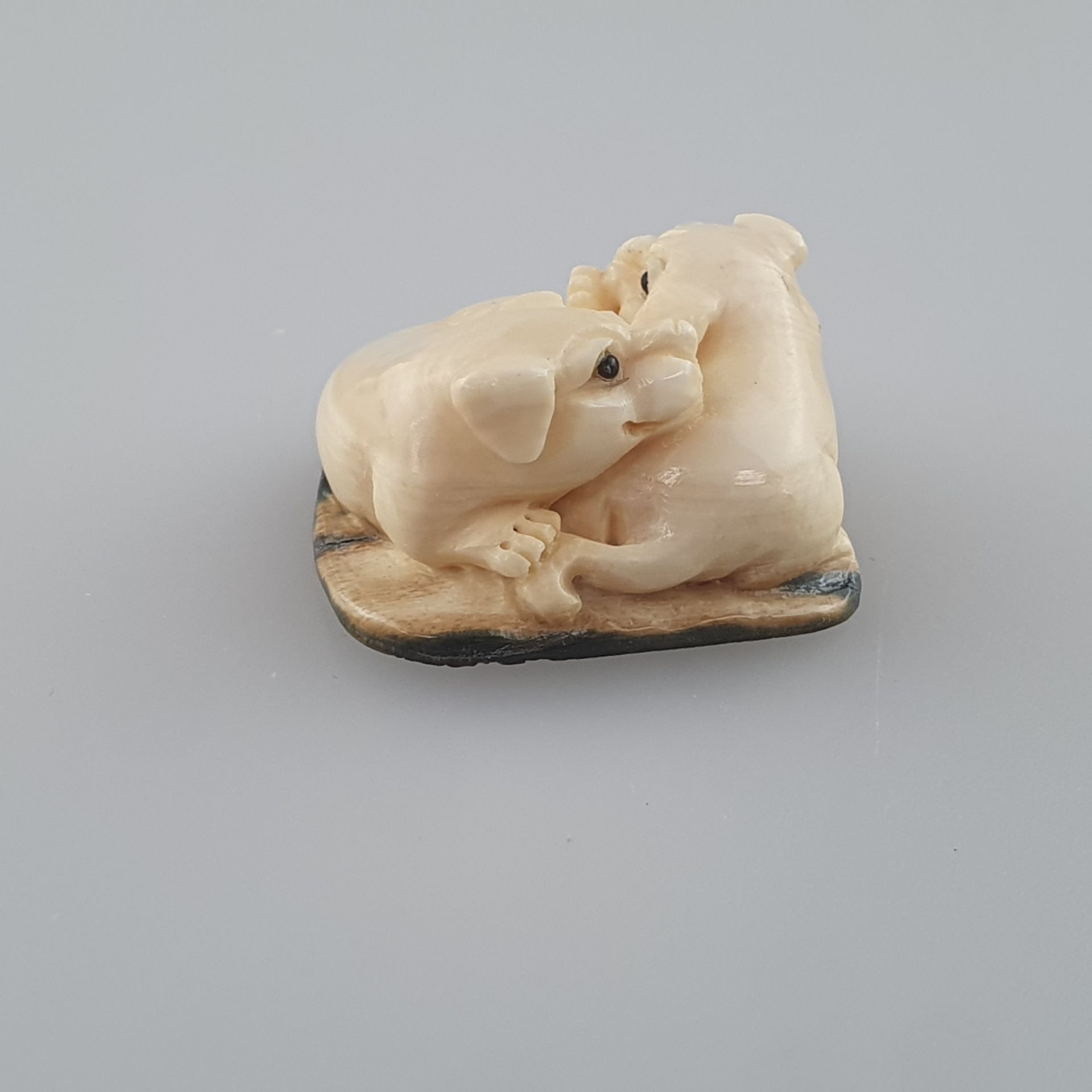 Netsuke - Zwei Hundewelpen mit Ball, Mammutbein, geschnitzt, dunkel eingelegte Augen, signiert - Image 3 of 6