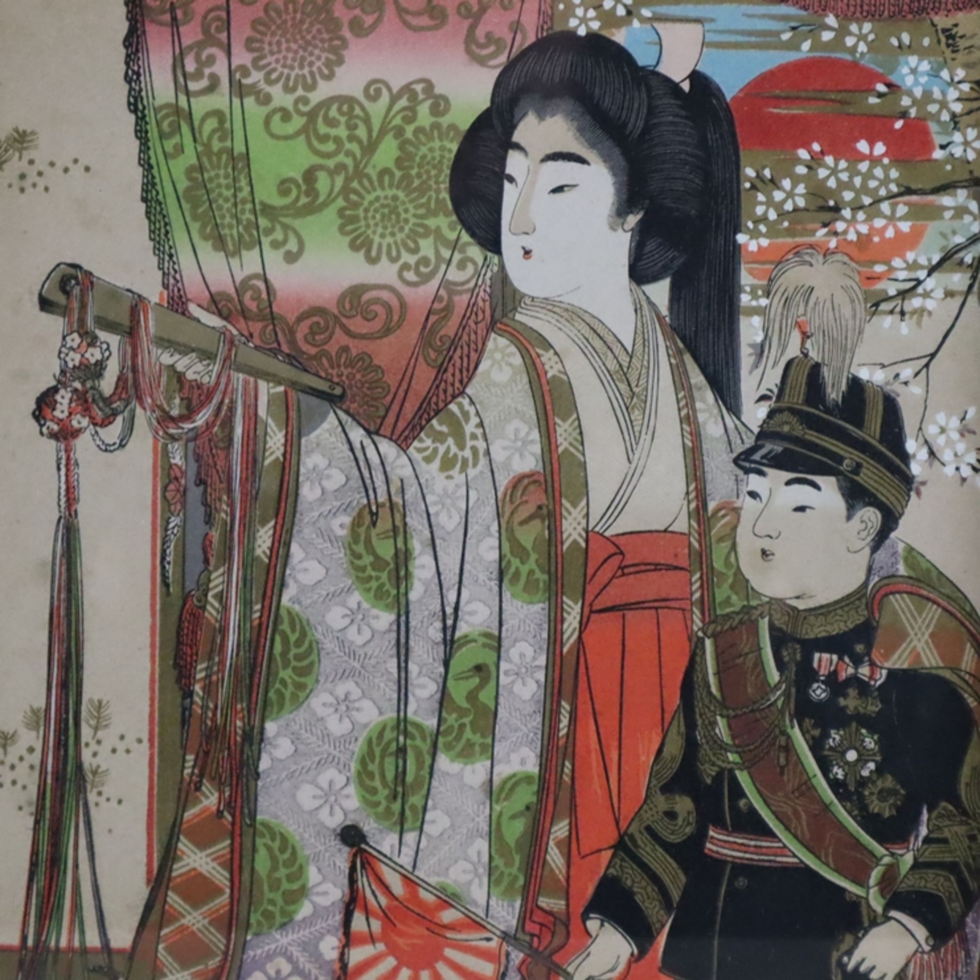 Zwei japanische Farbdrucke - um 1900, patriotische Darstellungen einer Geisha mit Knaben in westlic - Image 6 of 8