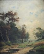 Kruchen, Julius (1845-1912) - Landschaft mit rastenden Feldarbeitern, Öl auf Leinwand, unten links 