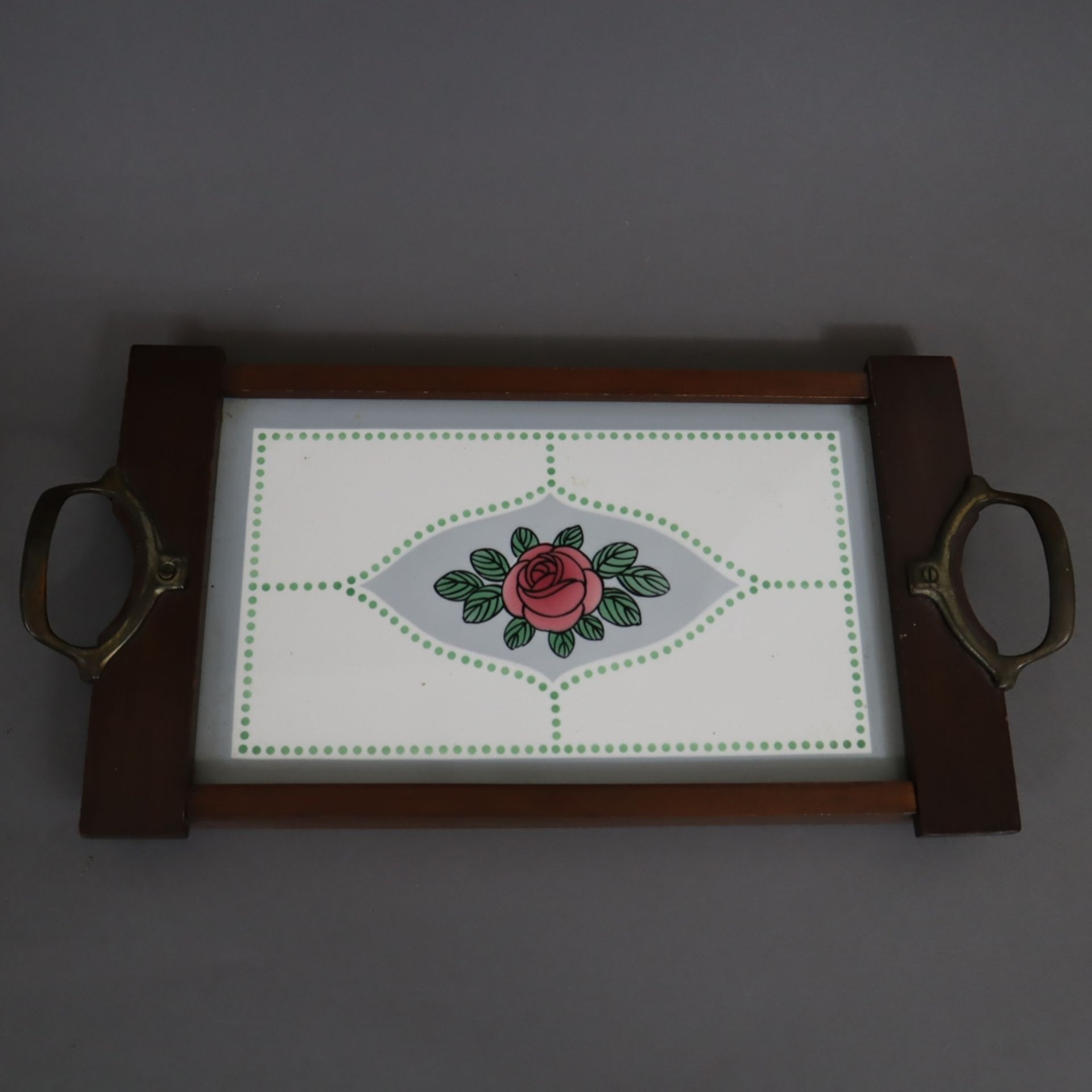 Konvolut Jugendstil-Keramik - Wächtersbach, Rosen- bzw. Blumendekor, 3-tlg.: 1x Tablett, Holz mit M - Image 7 of 11