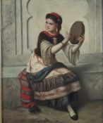 Unbekannter Genremaler/in - 19.Jh.- „Spanische Virtuosin“, Mädchen in bunter Tracht, ein Tambourin 