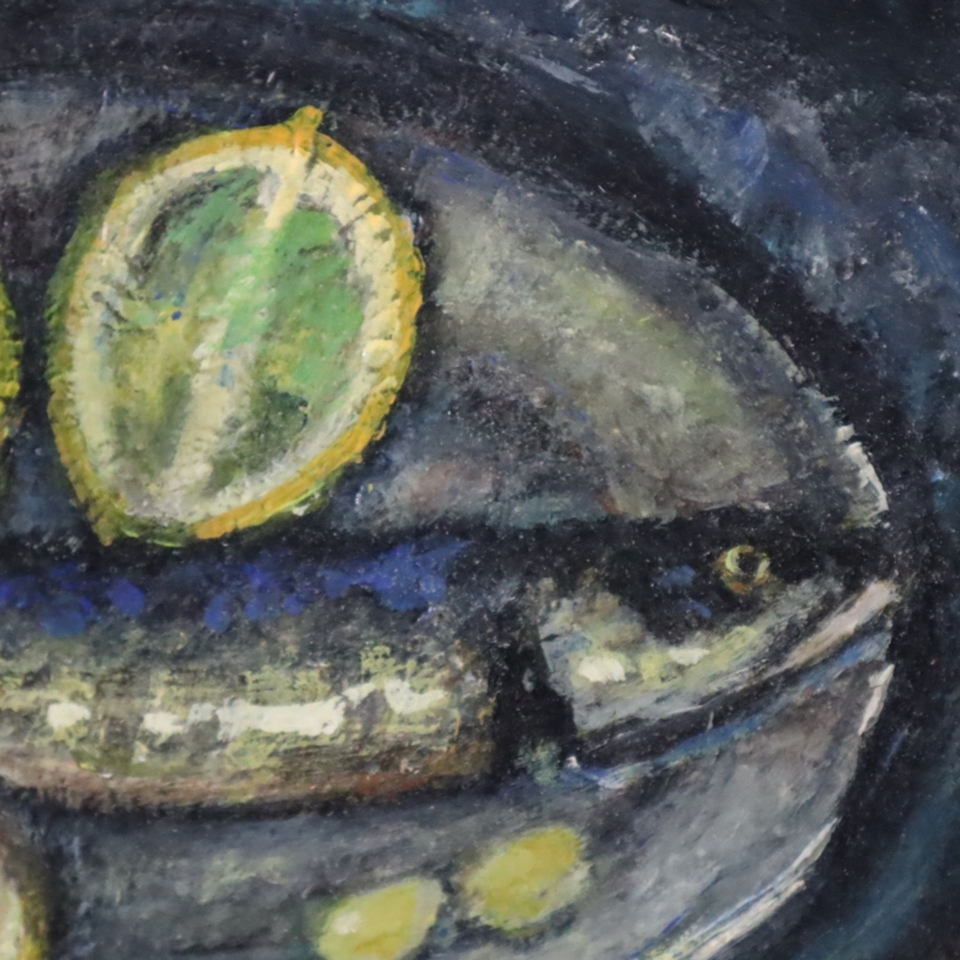 Pogédaieff, Georges de (1894-1971, im Stil von) - Stillleben mit Fisch, Wein und Gemüse, Öl auf Pla - Bild 3 aus 9