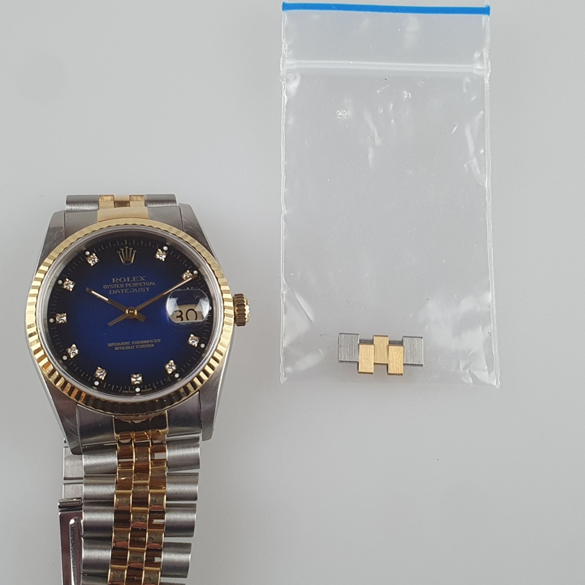 Rolex Oyster Perpetual Datejust - Chronometer in Stahl und Gold kombiniert, blaues Zifferblatt mit - Image 10 of 10