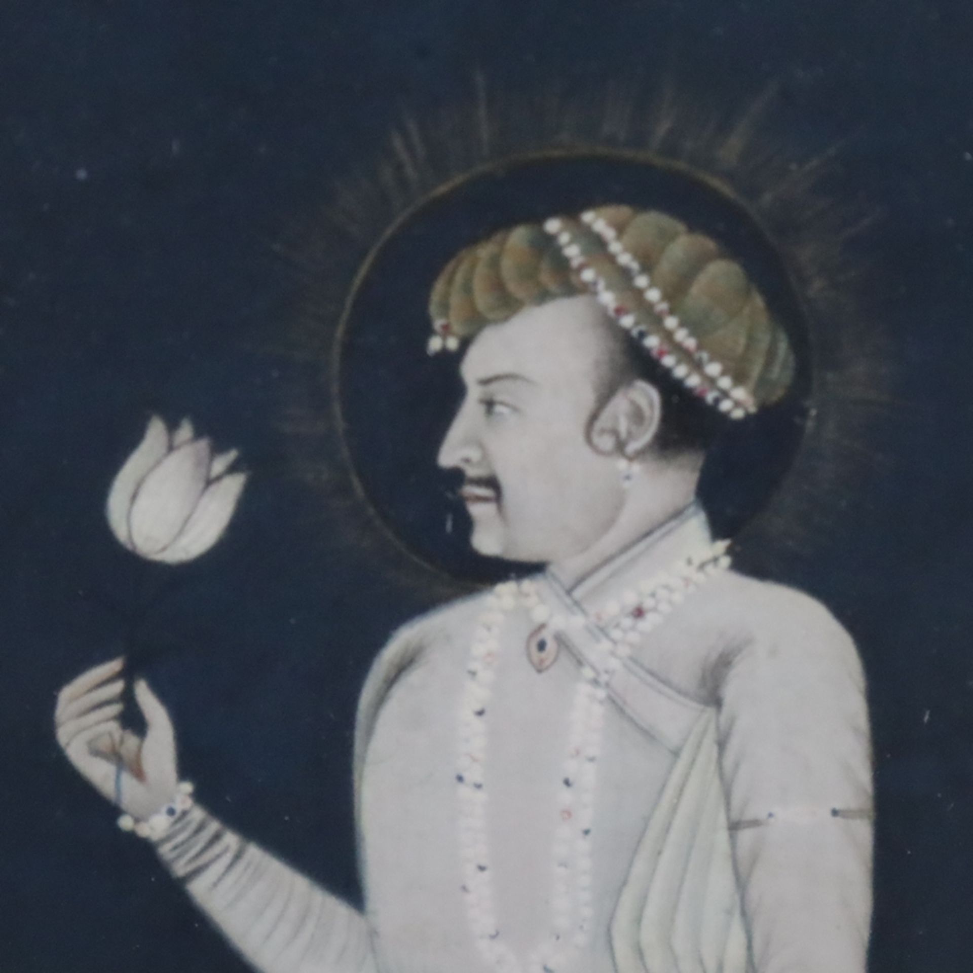 Indische Miniaturmalerei - Indien, Mogul-Zeit, 18./19.Jh., Schah Jahan mit weißer Tulpe, Pigmente u - Bild 5 aus 6