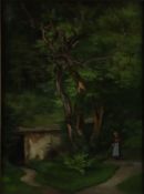 Landschaftsmaler/in 19./20.Jh.- Bewaldete Parklandschaft mit Gärtnerin, Öl auf Leinwand, ca. 63 x 4