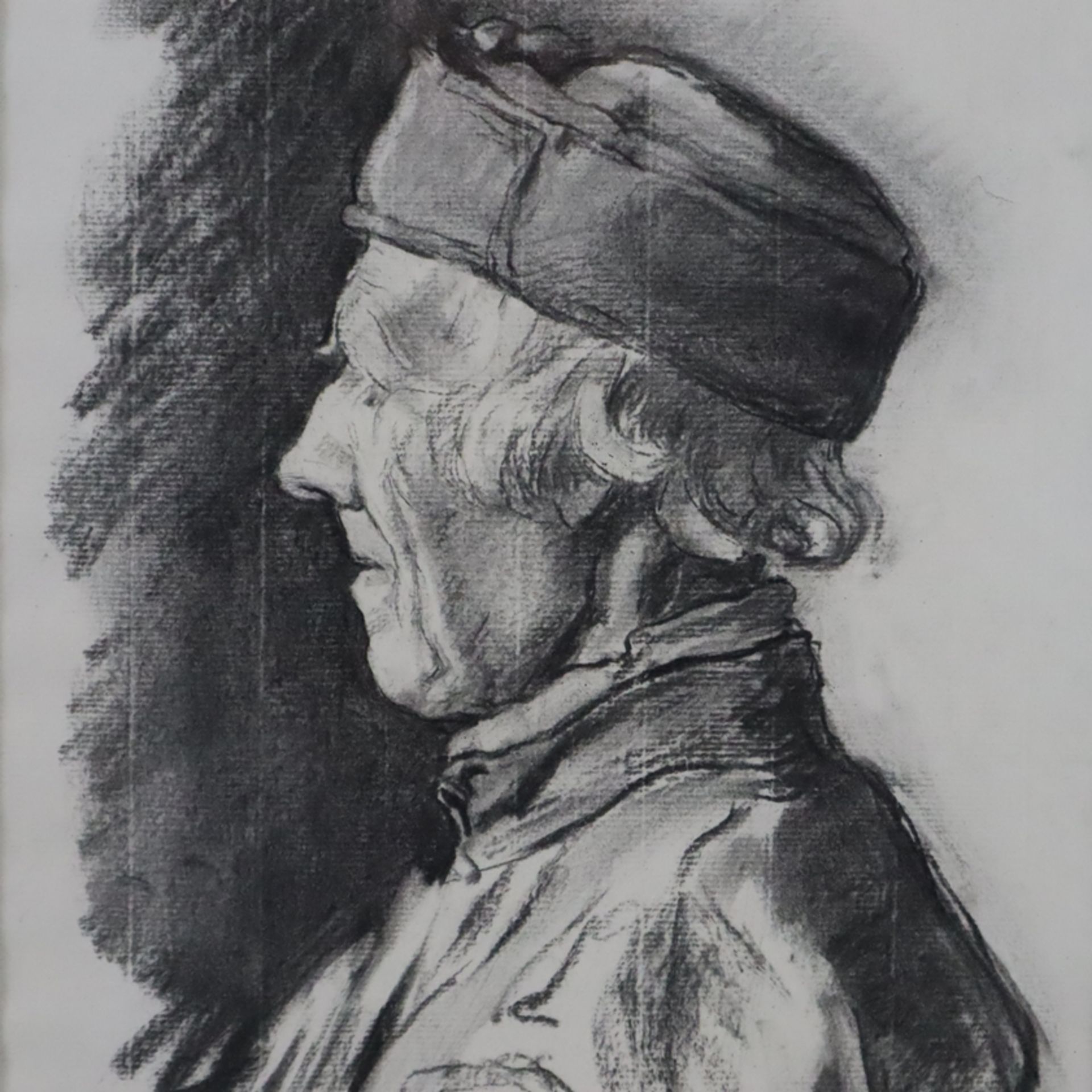 Happ, Jakob (1861 - Frankfurt/M.- 1936) - Profilbild eines hessischen Bauern, Kohlezeichnung, im Pa - Image 3 of 5