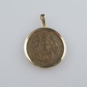 Münzanhänger - chinesischer „Drachendollar“ in 14 Kt.-Goldfassung, Öse gestempelt, Münze aus Kupfer