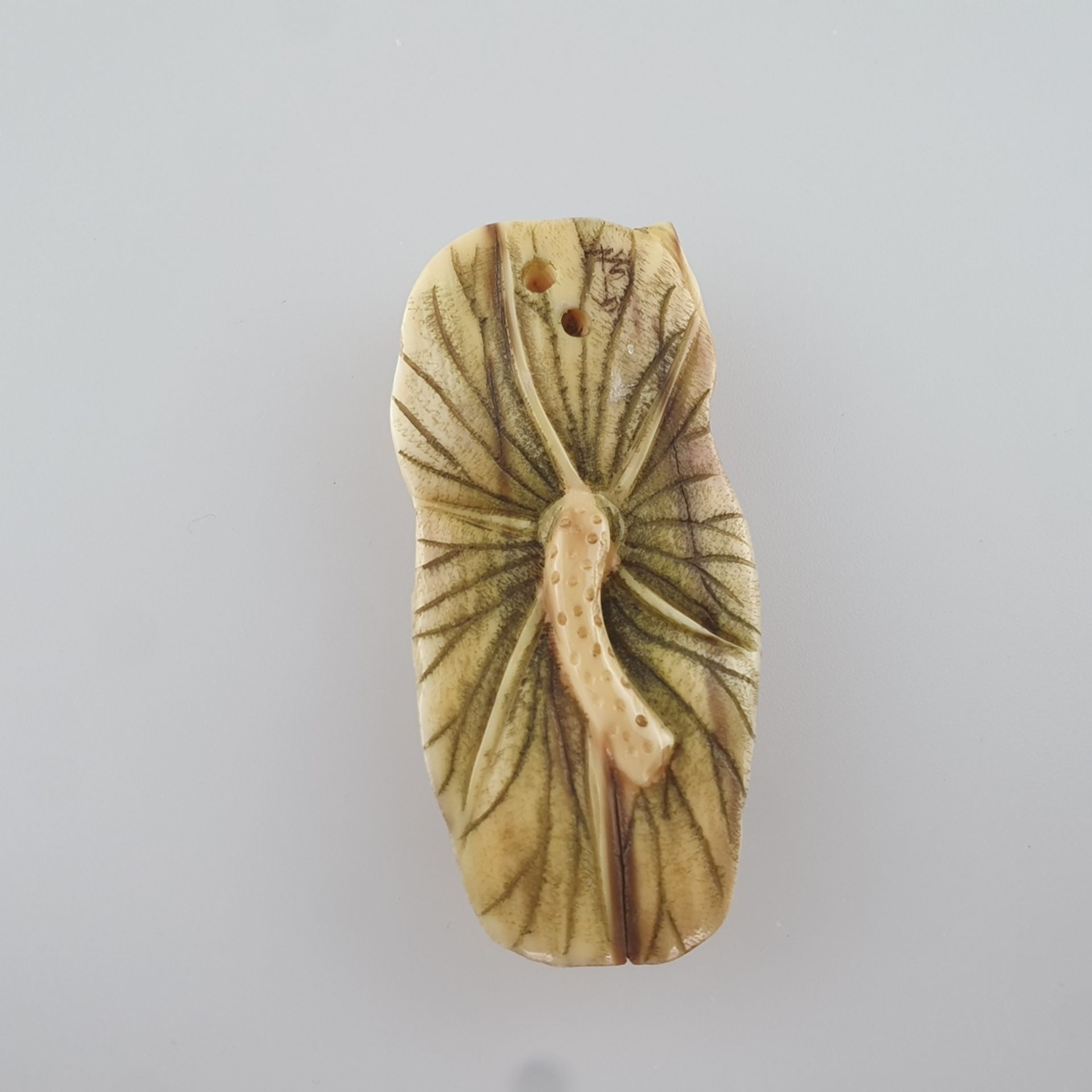 Flaches Netsuke - Mammutbein geschnitzt, graviert und eingefärbt, auf einem Lotosblatt ausgest - Image 4 of 5