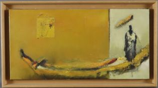 Jully, Denis (*1952 Straßburg) - Ohne Titel, abstrakte Darstellung einer Figur im Boot, Öl auf Lein