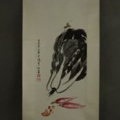 Chinesisches Rollbild - Kohl mit Heuschrecke sowie Karotten und Pilzen, nach Yang Xiuzhen (1909 - 2