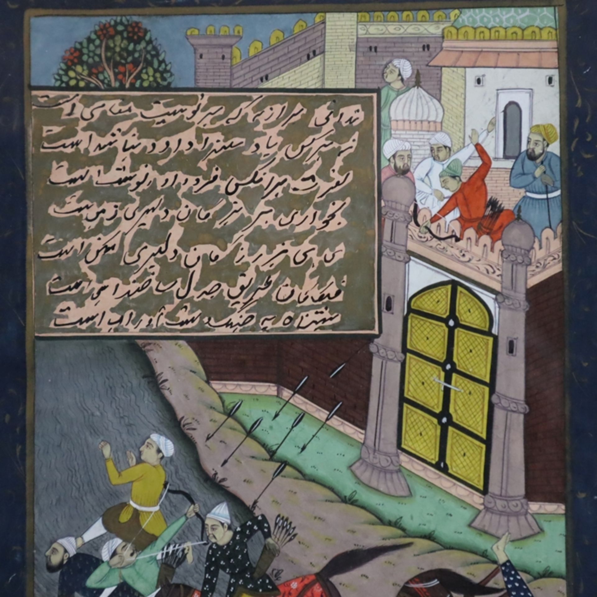 Zwei Buchseiten mit Illustrationen - Indien, zwei Erstürmungsszenen, feine Miniaturmalerei im Mogul - Bild 5 aus 10