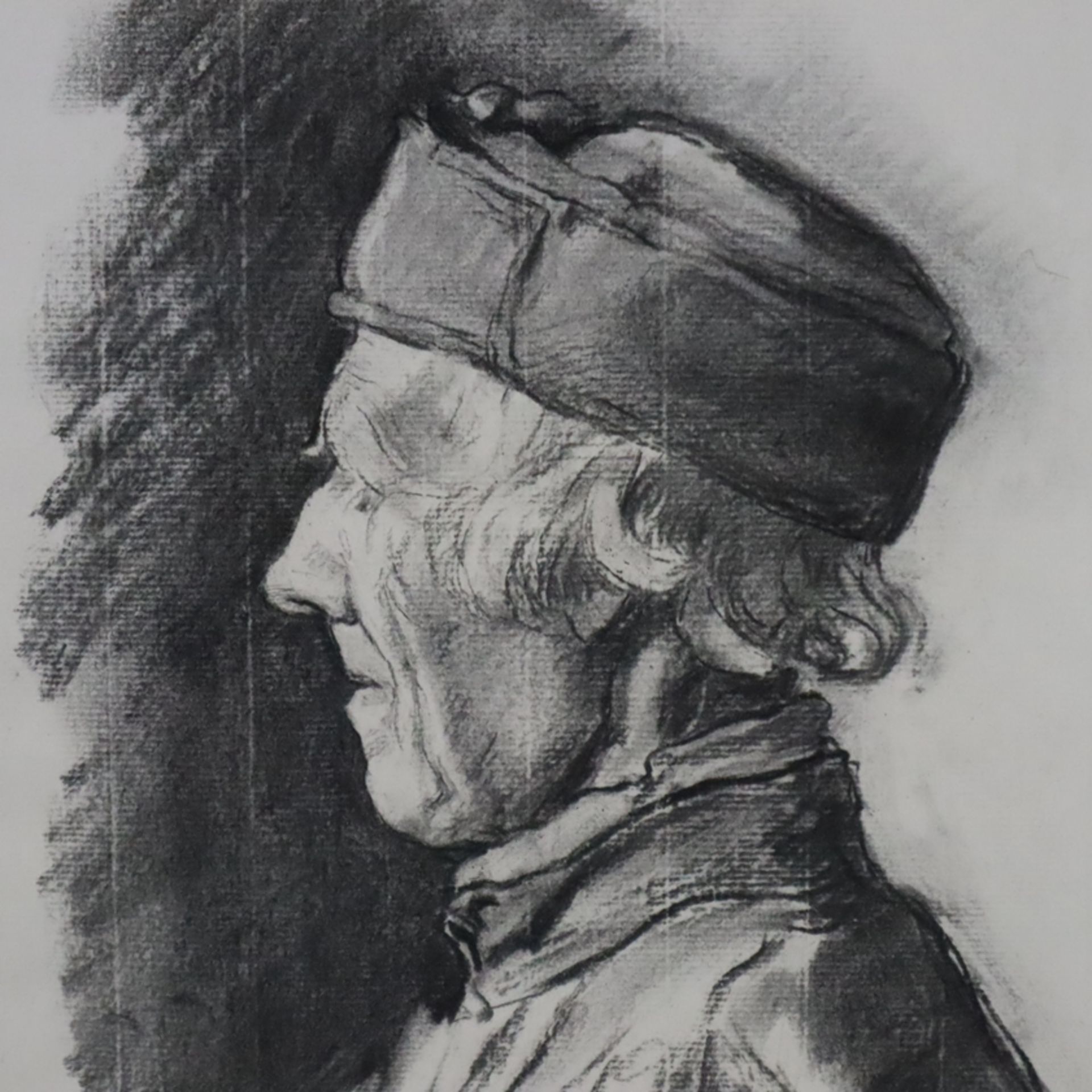 Happ, Jakob (1861 - Frankfurt/M.- 1936) - Profilbild eines hessischen Bauern, Kohlezeichnung, im Pa - Image 2 of 5