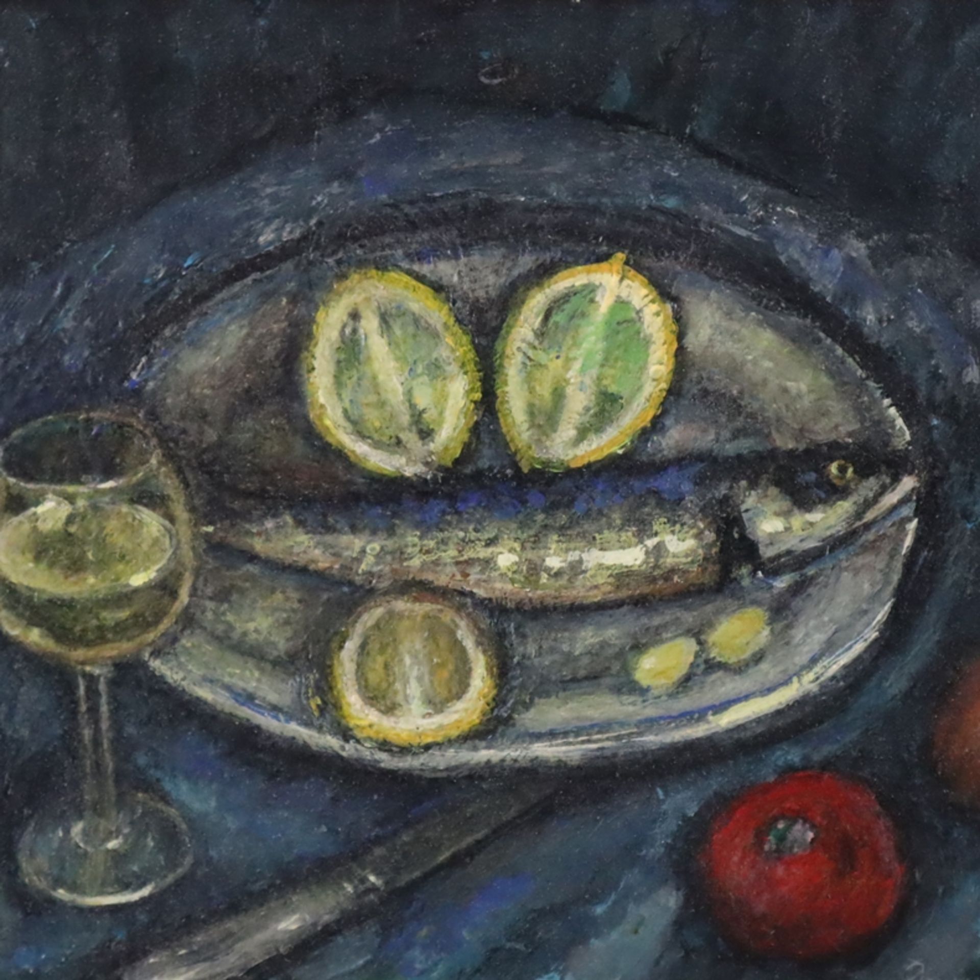Pogédaieff, Georges de (1894-1971, im Stil von) - Stillleben mit Fisch, Wein und Gemüse, Öl auf Pla - Bild 2 aus 9