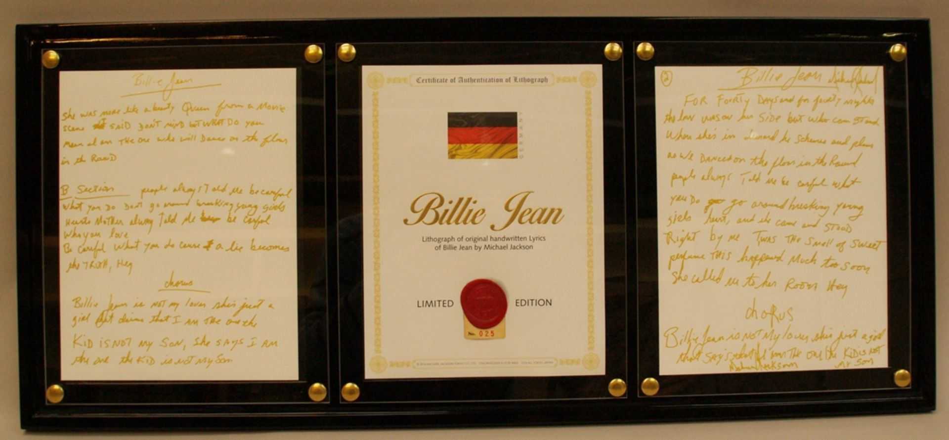 MICHAEL JACKSON "BILLY JEAN" GERMANY - limitierte Edition der originalen handgeschriebenen Texte vo