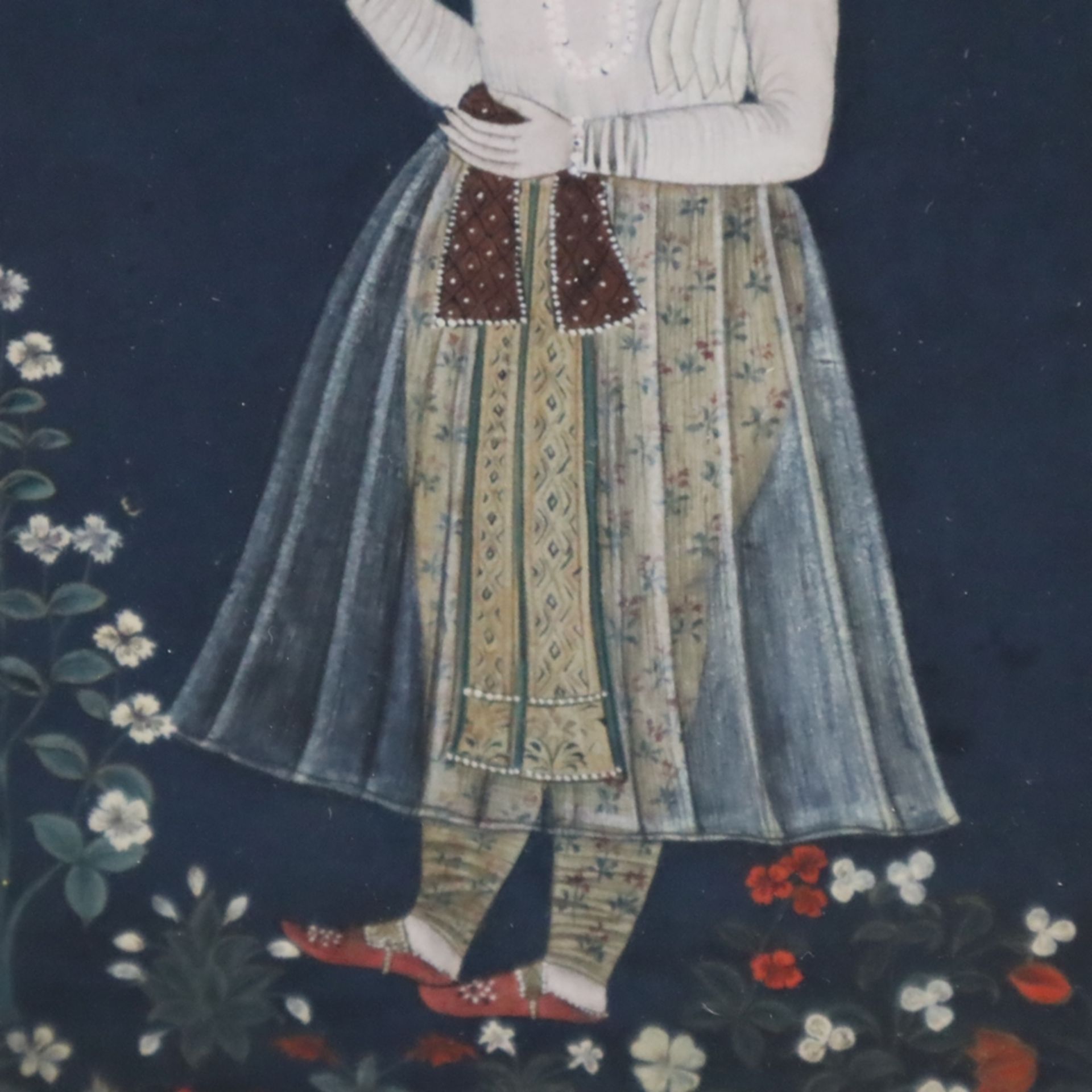 Indische Miniaturmalerei - Indien, Mogul-Zeit, 18./19.Jh., Schah Jahan mit weißer Tulpe, Pigmente u - Bild 3 aus 6