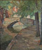 Wallat, Paul (1879-1966, Rostocker Maler, später wohnhaft in Dänemark) - Stadtszene mit Steinbrücke