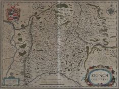 Landkarte von Erbach - "Erpach comitatu", altkolorierte Kupferstichkarte mit Wappen, Windrose und T