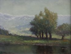 Kuch, Carlos (1899-1966) - Landschaft im Alpenvorland mit Kühen und Bäuerin an einem flachen Gewäss