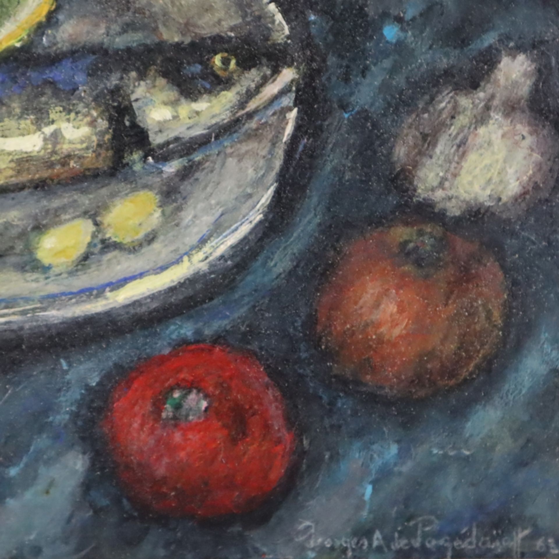 Pogédaieff, Georges de (1894-1971, im Stil von) - Stillleben mit Fisch, Wein und Gemüse, Öl auf Pla - Bild 5 aus 9