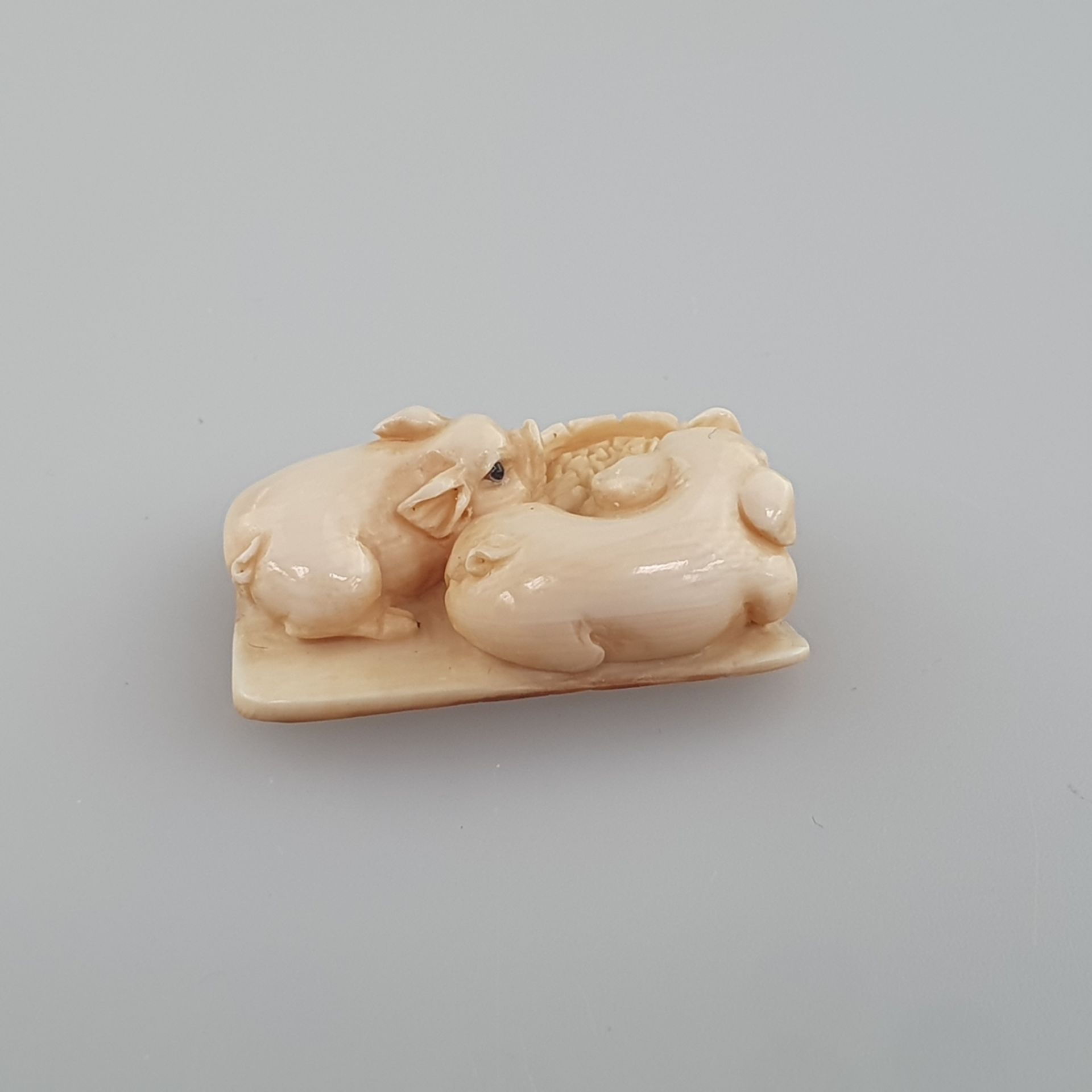 Netsuke - Zwei Schweinchen am Trog, Mammutbein, geschnitzt, dunkel eingelegte Augen, signiert, - Image 4 of 7