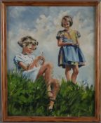 Hecht (20.Jh.) - Zwei Mädchen in Sommerkleidern auf einer Wiese spielend, 1939, Öl auf Platte, unte