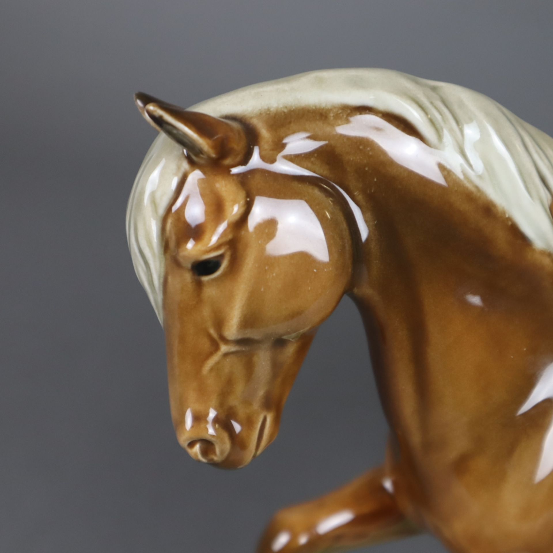 "Trabendes Pferd" - Goebel, Entwurf von G. Bochmann (1977), Keramik, polychrom bemalt, auf Grasplin - Image 3 of 7
