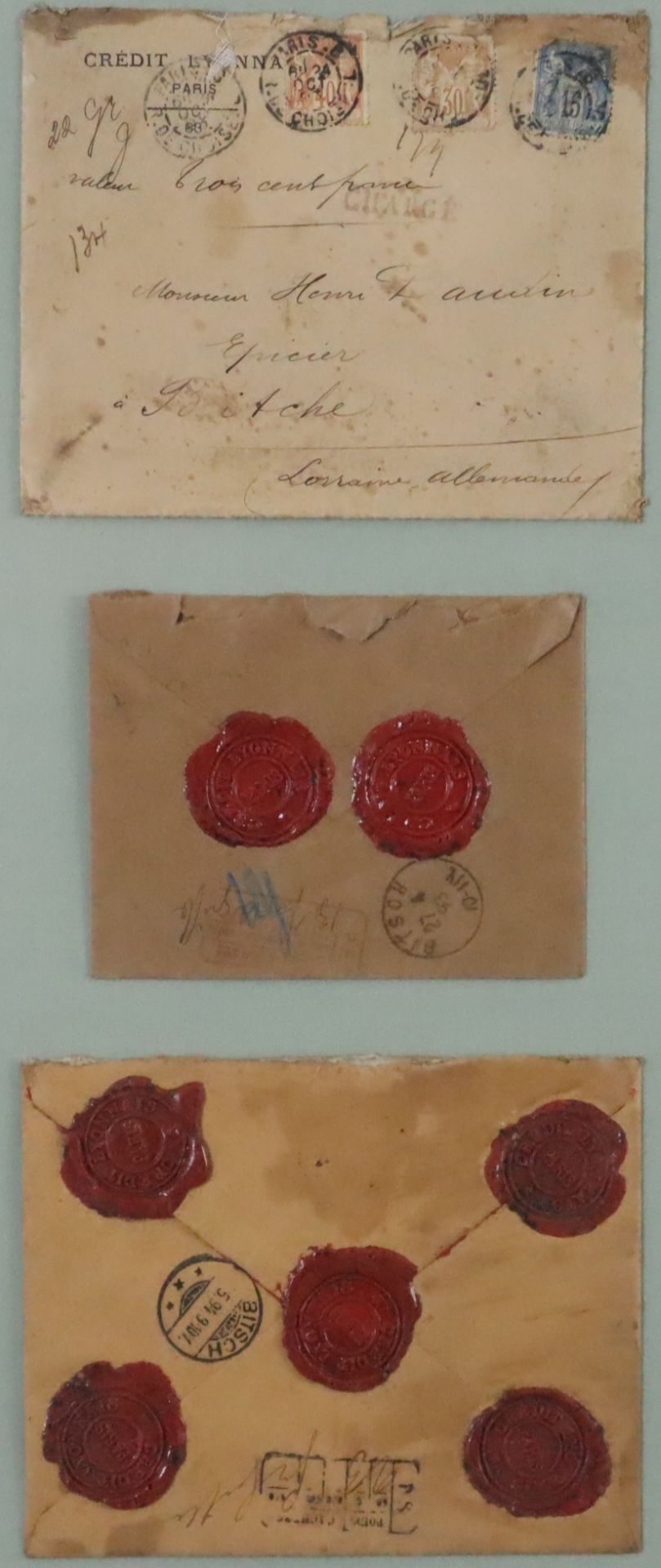 Alte Briefumschläge mit Siegeln - Ende 19.Jh., 2x mit roten Siegeln "Credit Lyonnais Paris" (2+5),