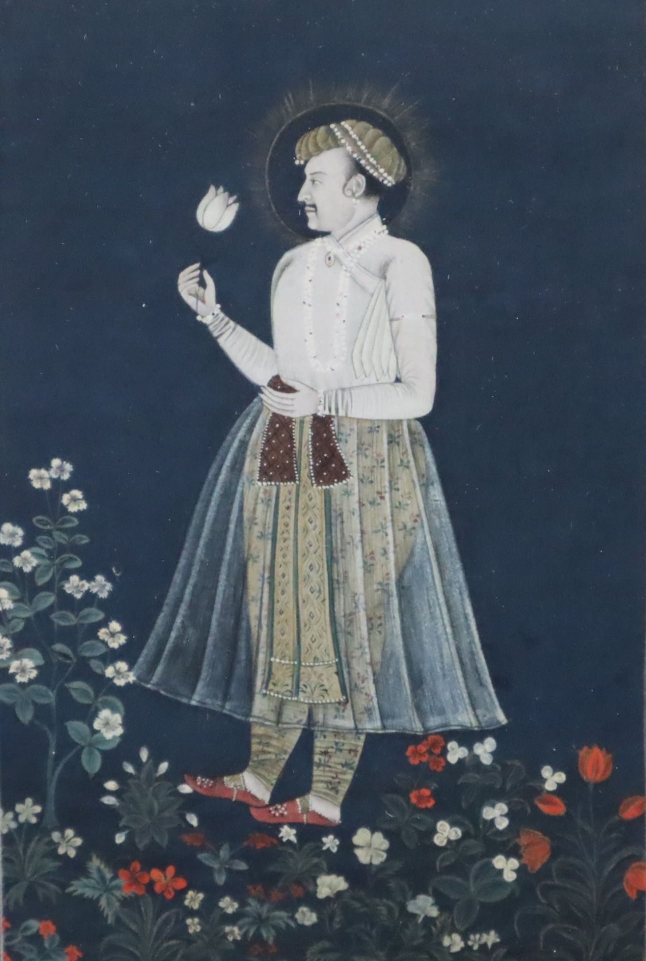 Indische Miniaturmalerei - Indien, Mogul-Zeit, 18./19.Jh., Schah Jahan mit weißer Tulpe, Pigmente u