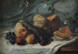 Höffler, Eleonore - ausgehendes 19.Jh.- Tischstillleben mit Kürbissen, Pfirsichen, Weintrauben und 