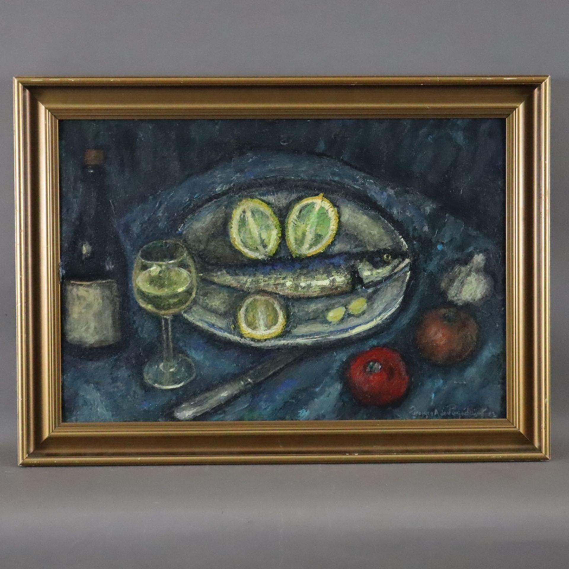 Pogédaieff, Georges de (1894-1971, im Stil von) - Stillleben mit Fisch, Wein und Gemüse, Öl auf Pla - Bild 9 aus 9
