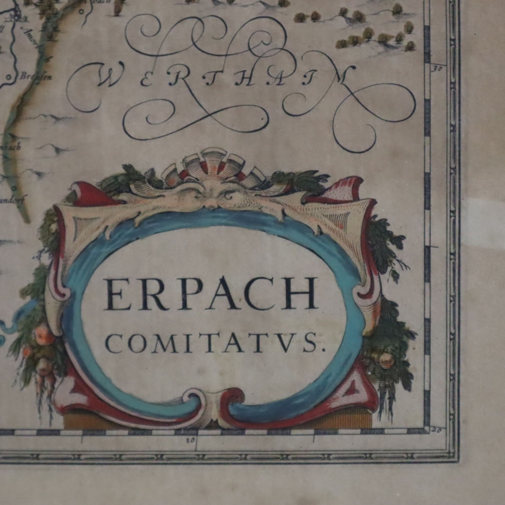 Landkarte von Erbach - "Erpach comitatu", altkolorierte Kupferstichkarte mit Wappen, Windrose und T - Bild 3 aus 8