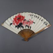 Chinesischer Bambusfächer mit Malerei und Kalligraphie - China, Papier beidseitig bemalt mit Aquare