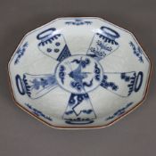 Porzellanteller - Japan, dekagonal gekantete Form, braungerandet, reliefiert sowie in Unterglasurbl